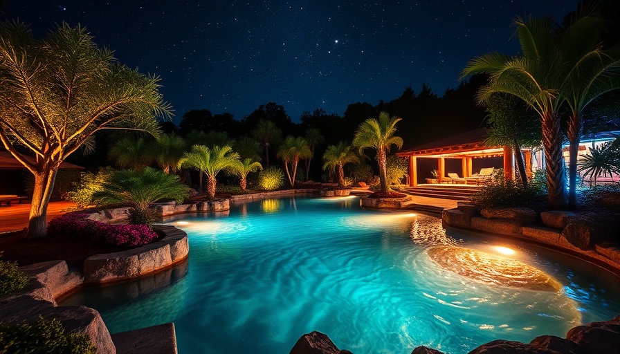 Nighttime view of a natural swim pond with glowing water