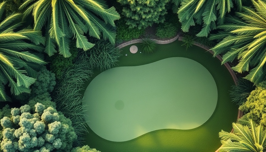 Aerial view of low maintenance yard with pond and putting green.