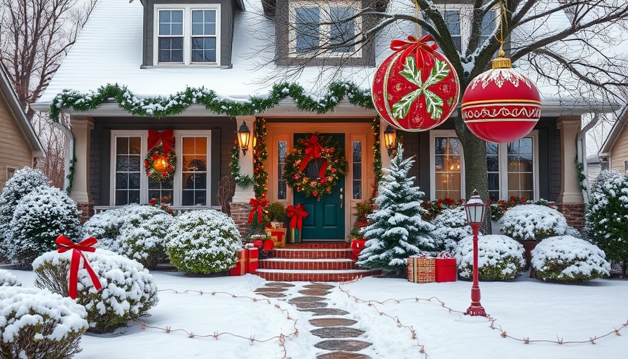 Unique Outdoor Christmas Decorations on a festive suburban home with snow.