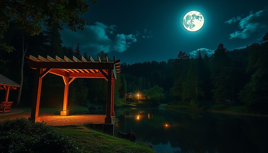 Stunning night landscape with pergola and pond in 2025.