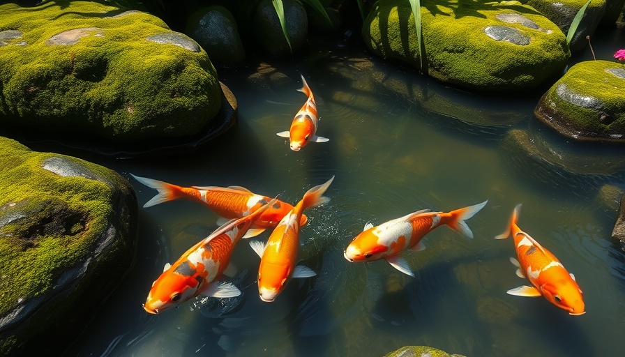 Vibrant koi fish swimming in a serene pond with mossy rocks.