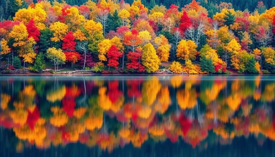 Vibrant fall foliage reflecting on a lake in Michigan, showcasing best trees and shrubs.