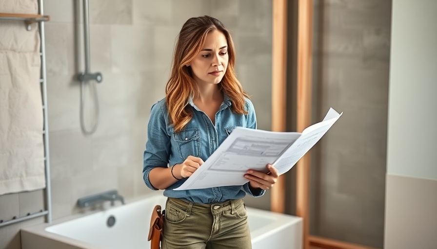 Woman installing curbless shower base in construction scene