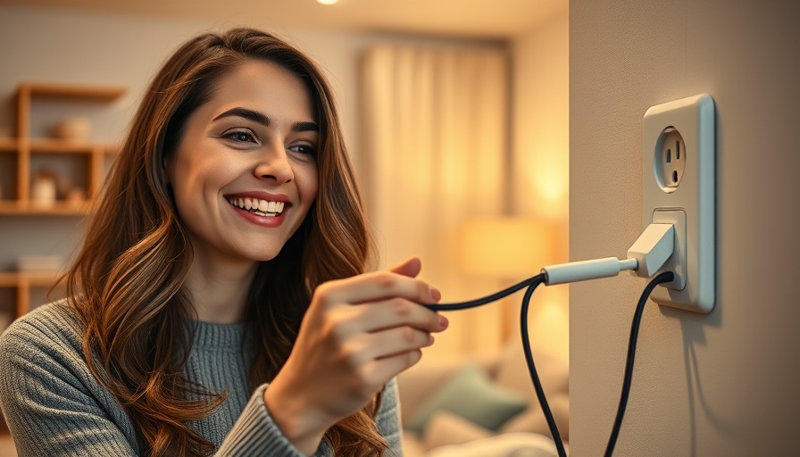 Smiling woman holding USB-C cable near charger in cozy home.