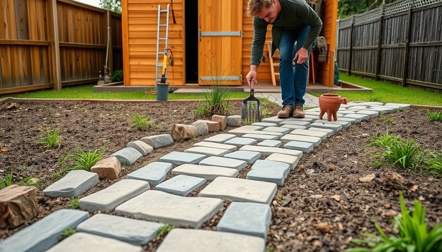 Man creating DIY garden path with foam boards, sunny backyard.