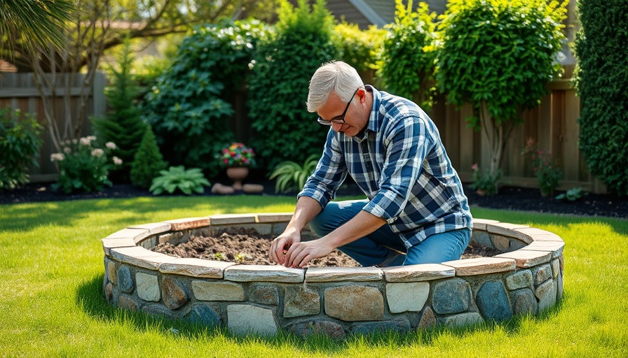 Creating DIY round organic raised garden beds in a backyard.