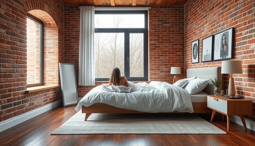 Modern bedroom with exposed red brick walls and white bedding.