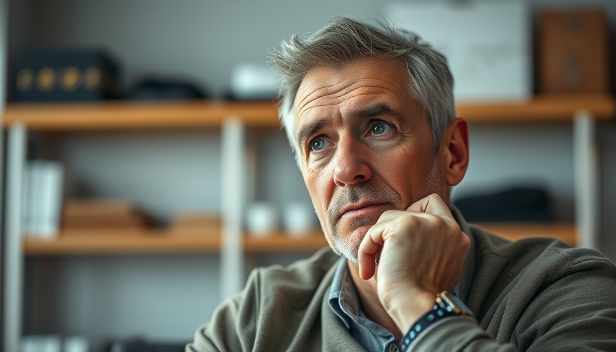 Middle-aged man indoors with a thoughtful look, related to prefab cabinets.