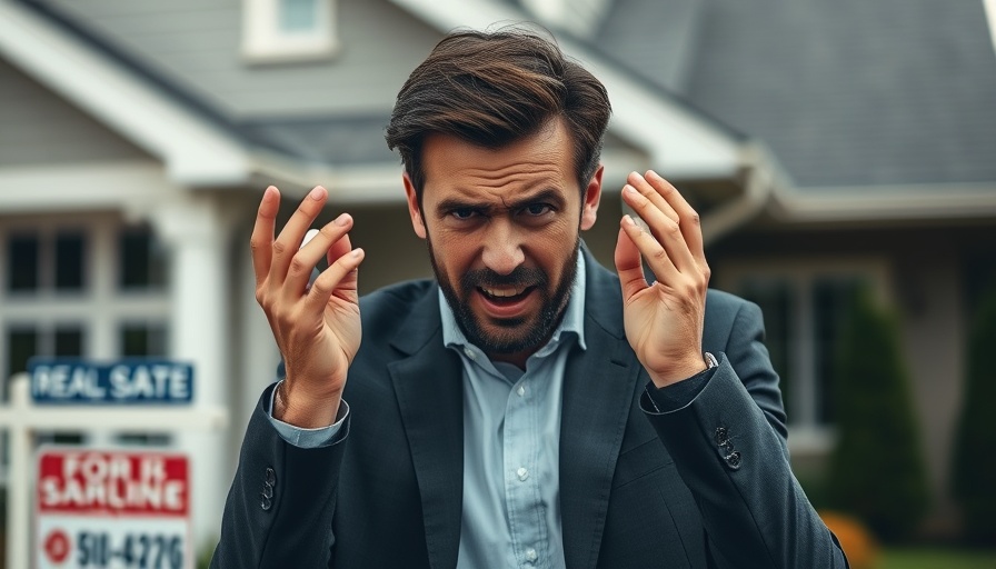 Frustrated man next to real estate sign, highlighting buyer agent compensation issues.