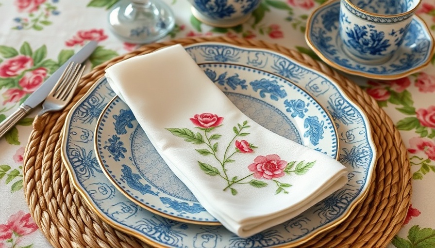 Elegant table setting with blue floral plates and green glassware.