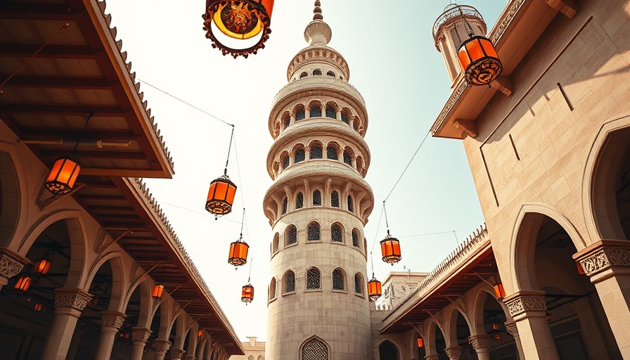 Iconic spiral mosque with vibrant lamps in Qatar.