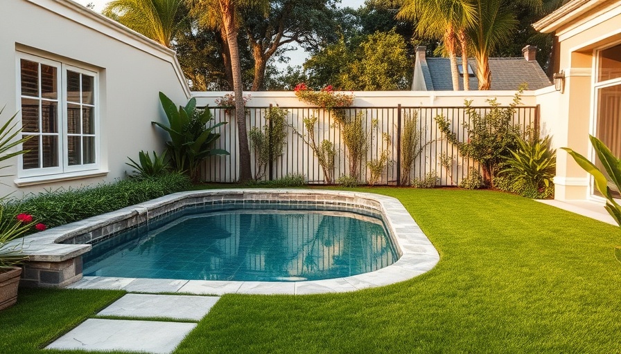 Serene summer backyard pool setup with stone tiles and greenery.