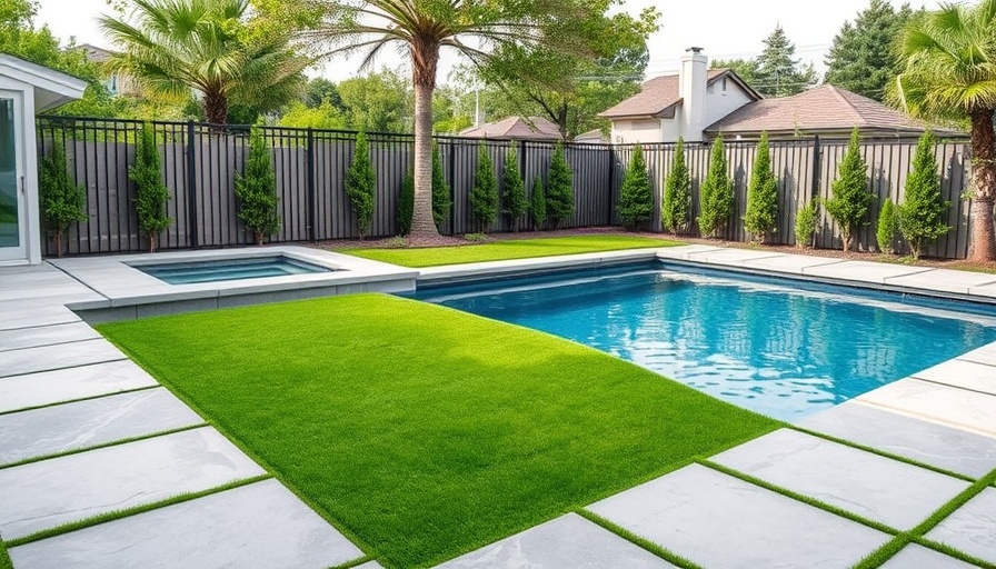 Modern backyard pool for summer home improvement ideas, photorealistic.