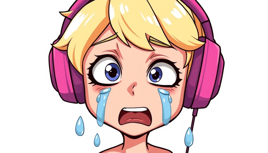 Blonde cartoon character crying with pink headphones.