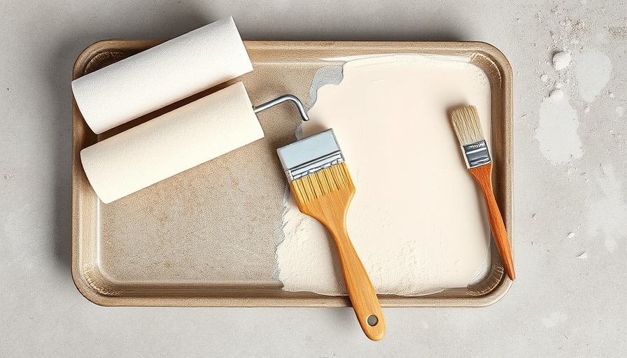 Painter's tape roller hack with paint tools on a neutral background.