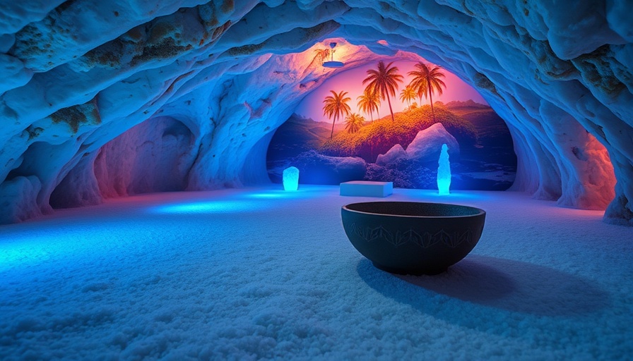 Serene salt cave in Qatar with ambient blue lighting.