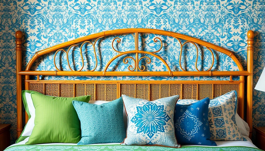 Vintage bamboo decor in a bedroom with a patterned backdrop.