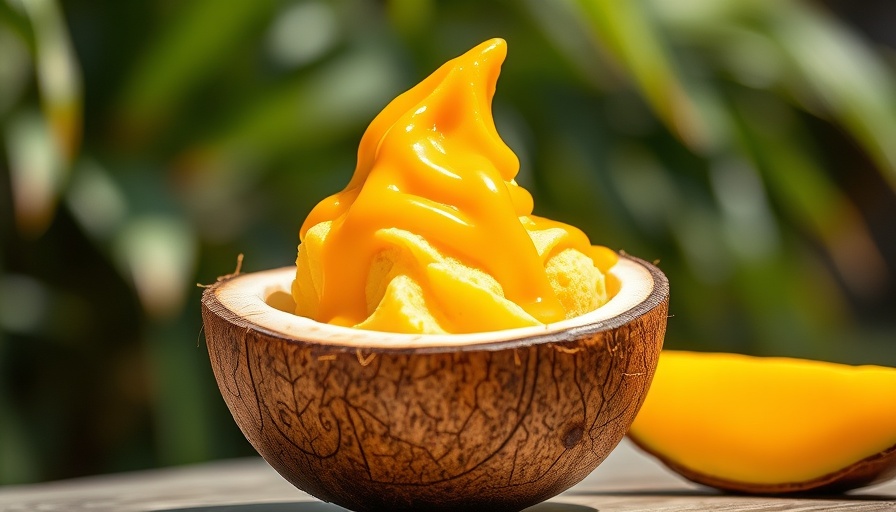 Viral mango ice cream in a real coconut, topped with mango sauce.