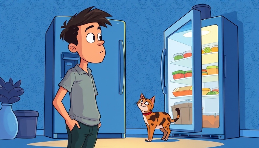 Man halting late-night eating while looking into fridge, cartoon style.