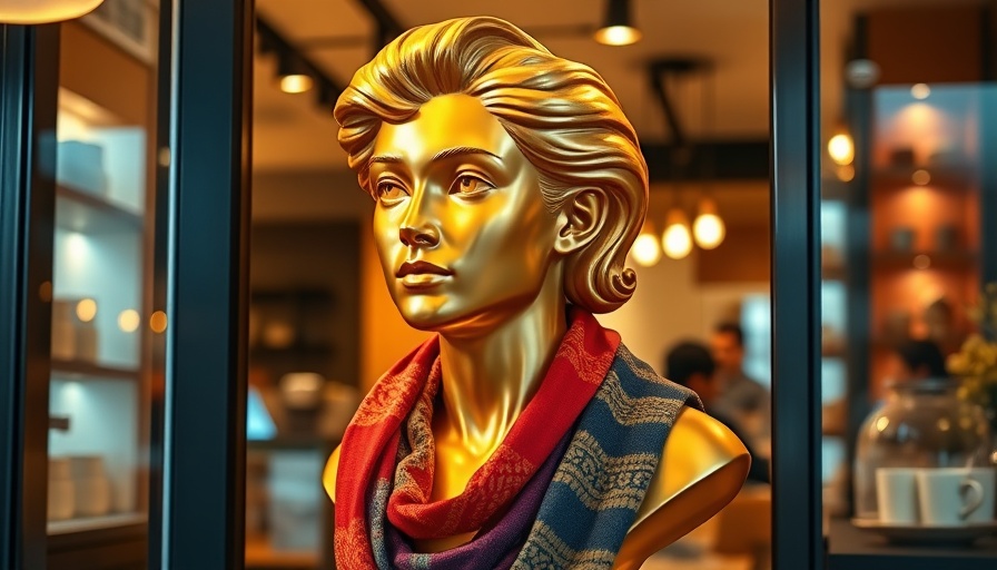 Golden bust at sugar-free coffee shop entrance in Qatar.