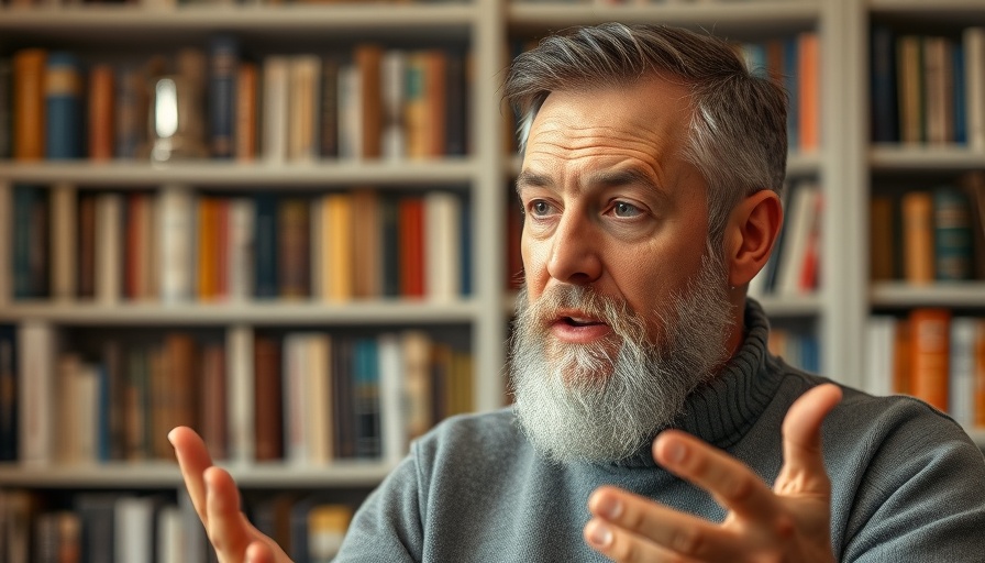 Middle-aged man discussing real estate trends, cozy home background.