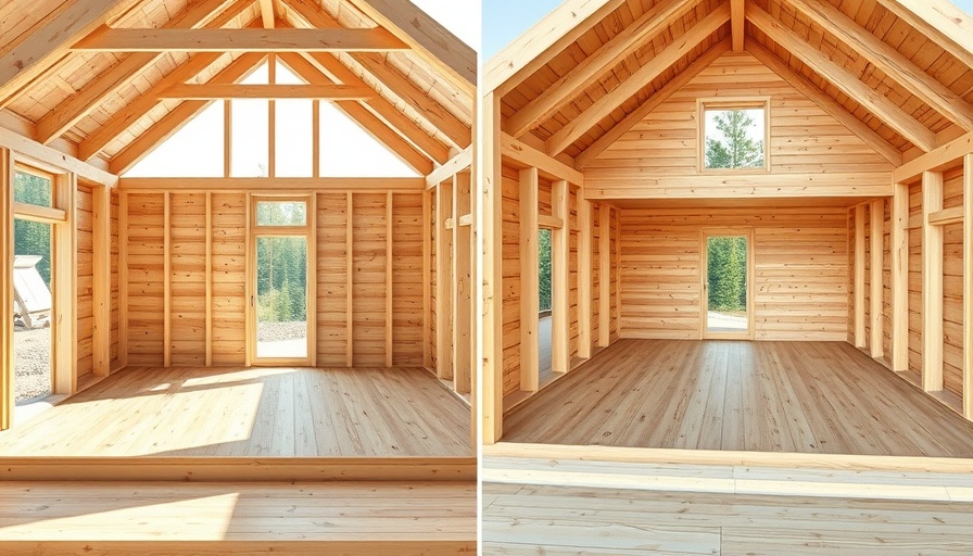Affordable Home Construction: Innovative building method split view with a house and flooring grid.