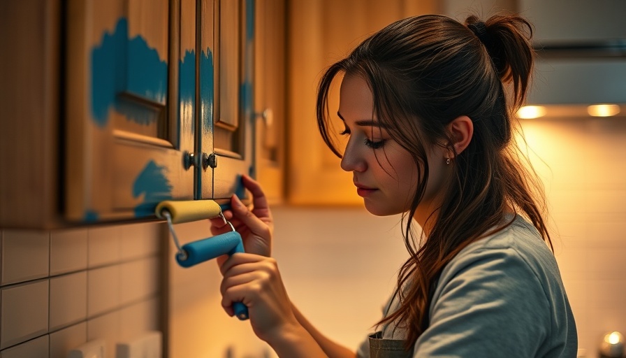 Focused woman painting kitchen cabinet blue, small kitchen paint colors.