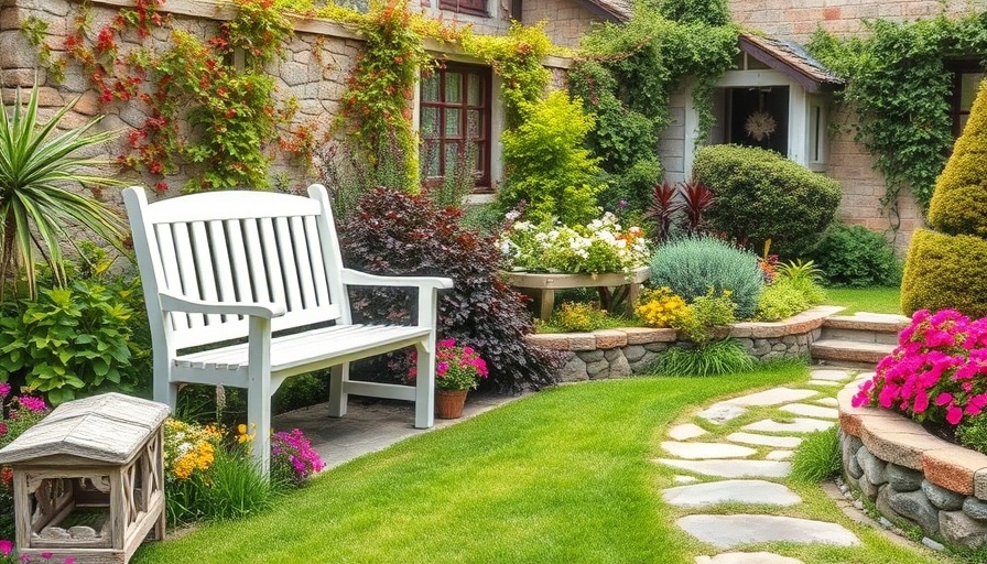 Charming rustic sand garden with lush greenery and white bench.
