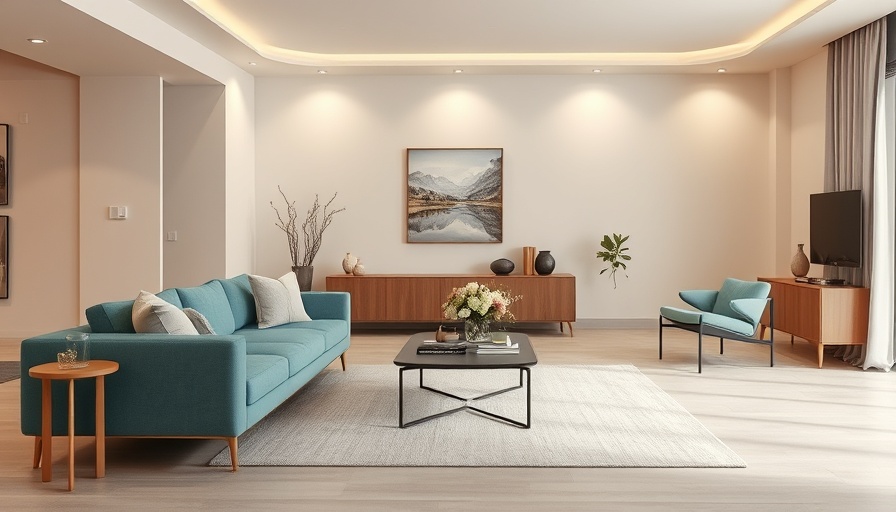 Modern living room with teal sofa and calming decor.