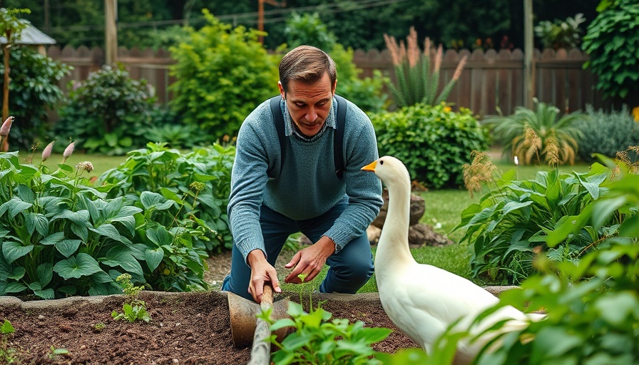 Man preparing cozy raised garden bed with spade in lush backyard.