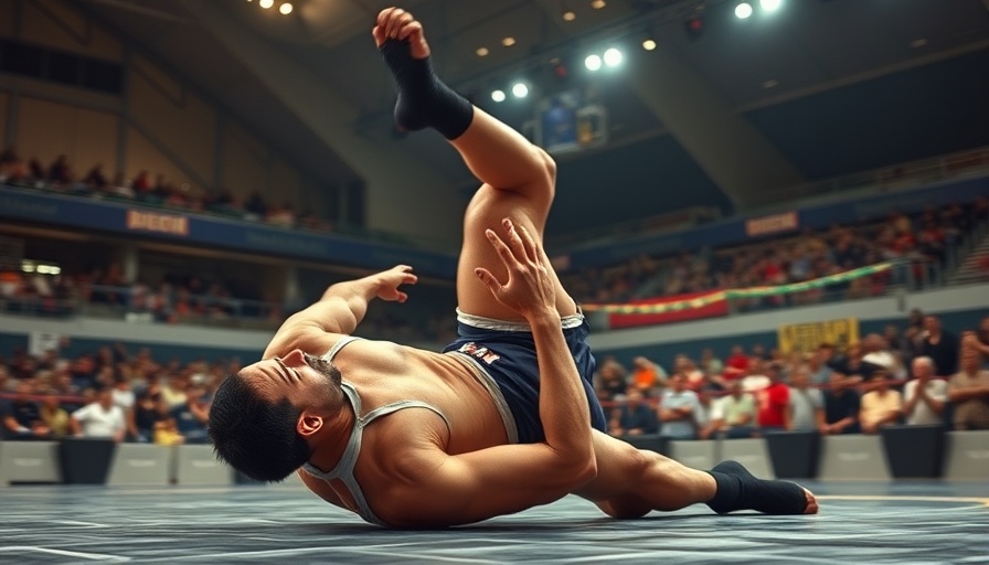 Intense wrestling match demonstrating a double leg takedown.