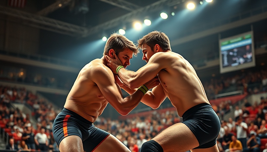 Pure wrestling power displayed in an intense match with two athletes grappling.