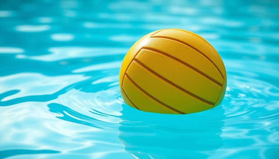 Calm pool scene with floating water polo ball.