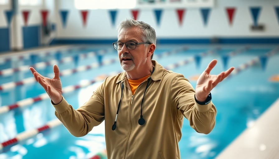 Cal State Bakersfield swimming coach, energetic gesture beside pool, photorealistic.