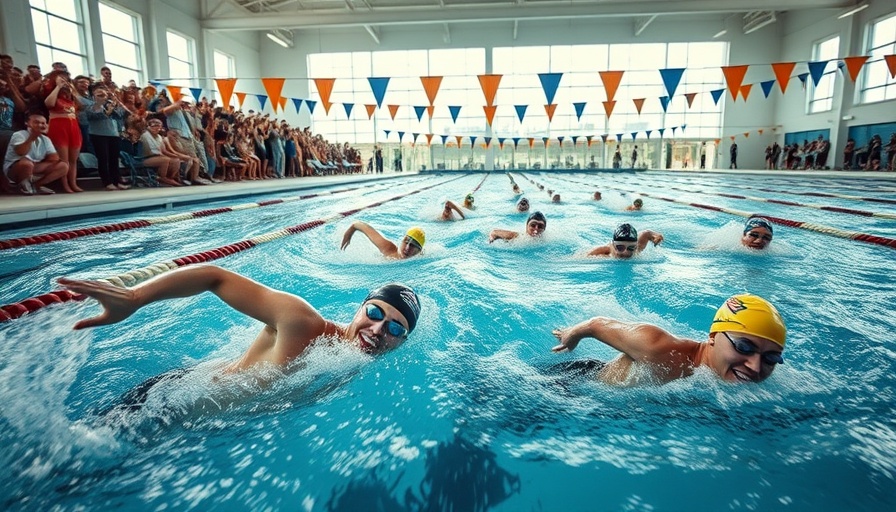 Swimmers competing in a thrilling relay race at an aquatic center.