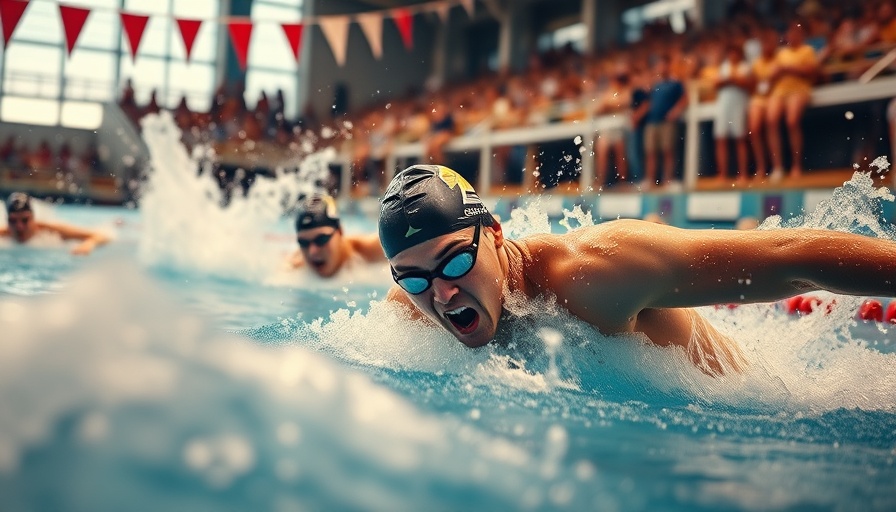 Swimmer focused in intense competition, vivid colors, dynamic pool race.