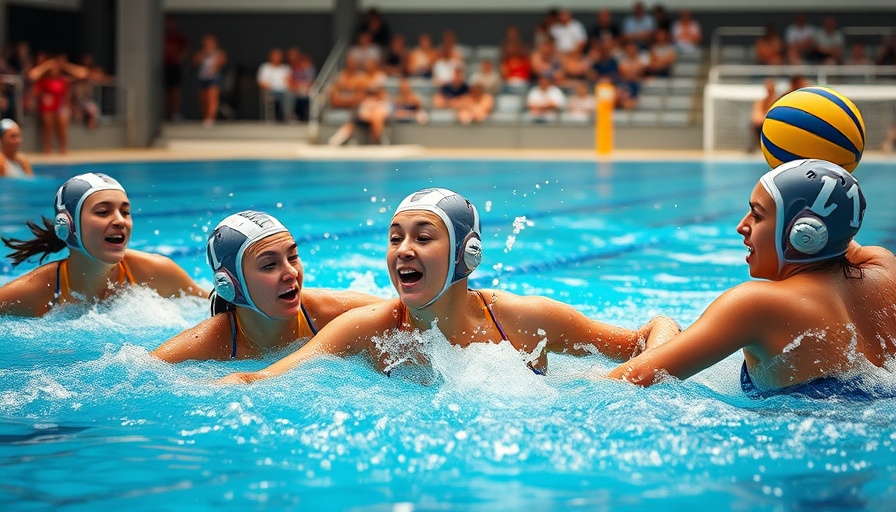 Top American women’s water polo players in mid-action game.