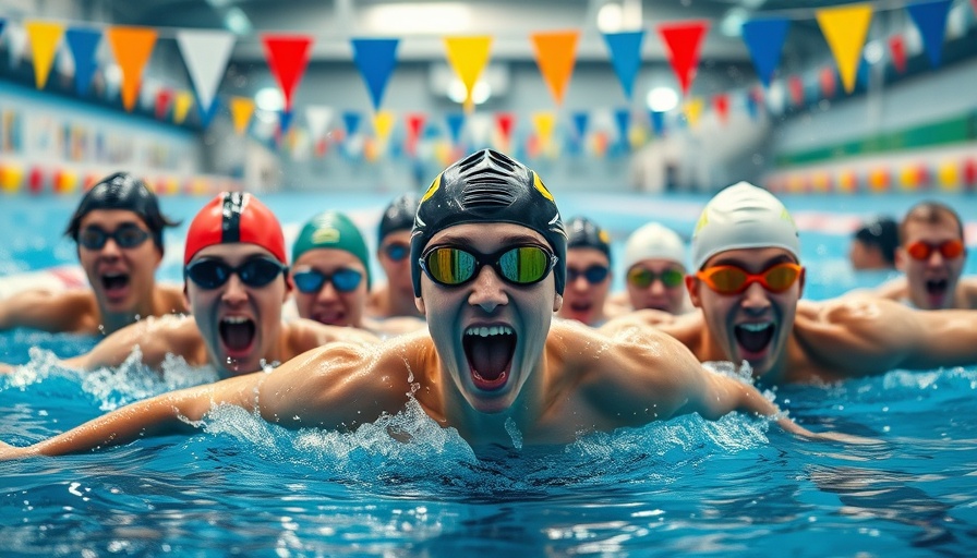 4x100m freestyle relay super heroes debate with swimmers in the pool.