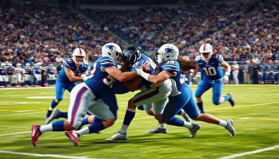 Players in blue and white uniforms during intense football tackle.