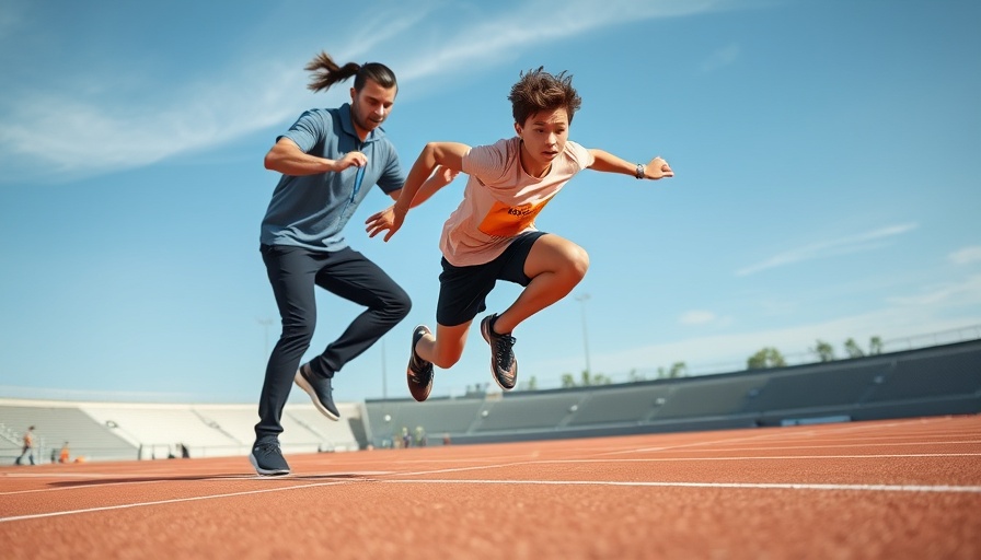 Athlete practicing long jump with coach on track field.
