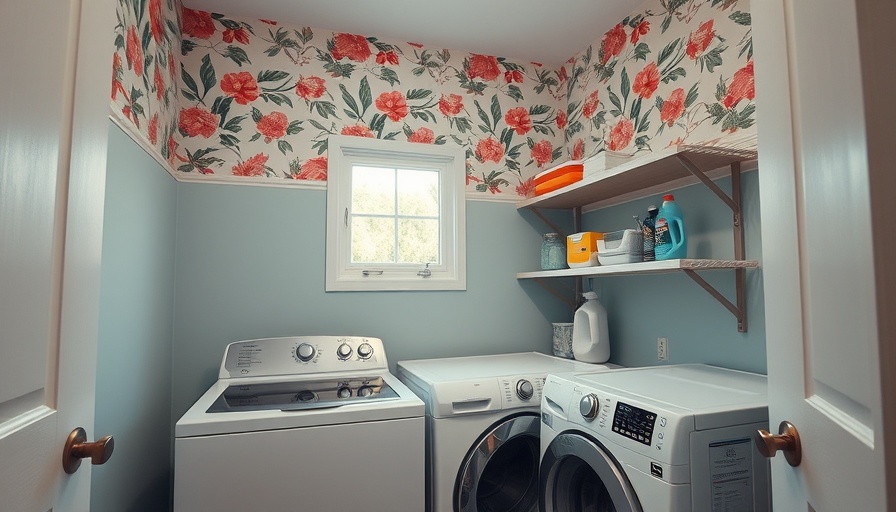 Laundry room DIY home design ideas with floral wallpaper.