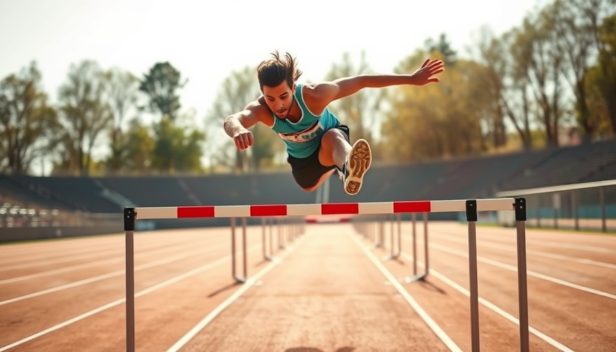 Athlete staying low and quick over hurdles on the track.