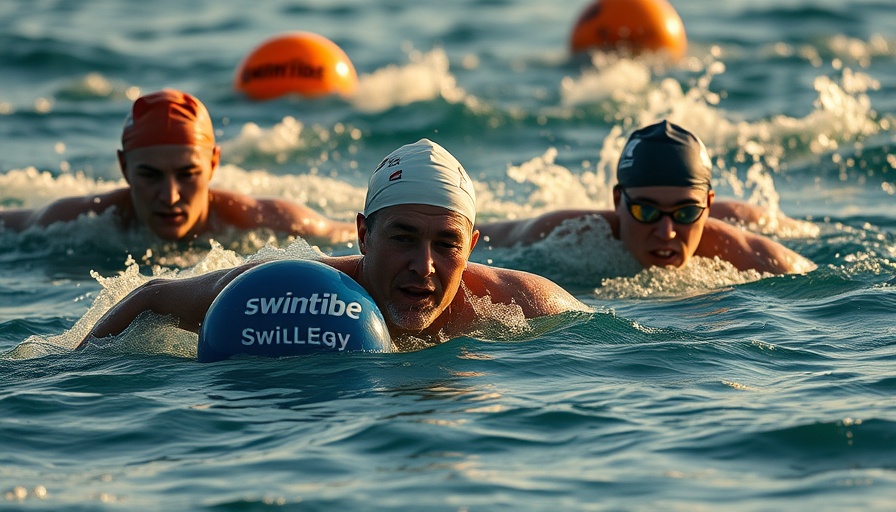 Swimmers in open water with Swim Tribe buoy showcasing The Great Swim Debate.