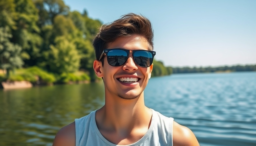 Smiling man enjoying sunny day by the water; MySwimPro App.