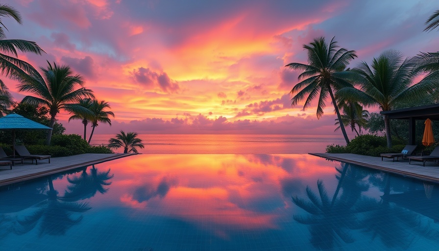 Vibrant sunrise over swimming pool at tropical retreat.