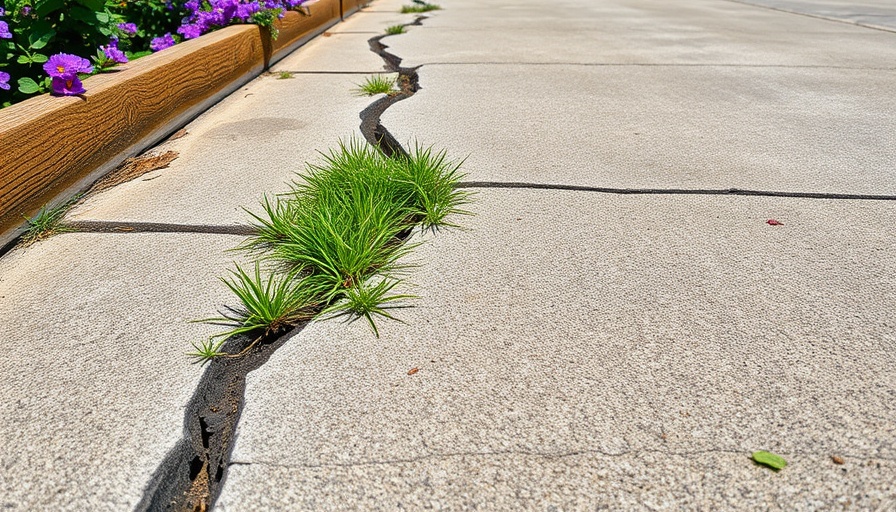 Driveway crack repair with visible weeds and timber edges.