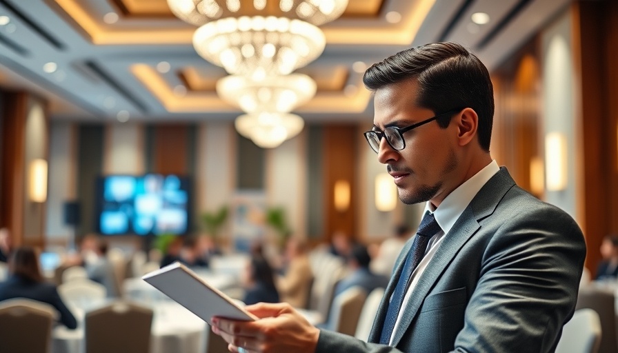Event manager in Qatar organizing a conference with focused attention.