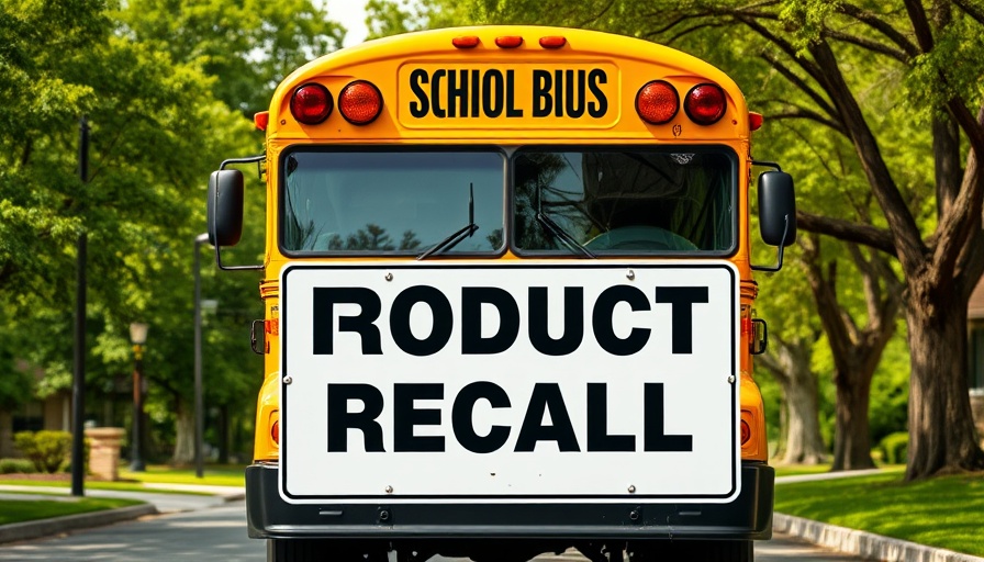 Yellow school bus with product recall sign about fire risk.