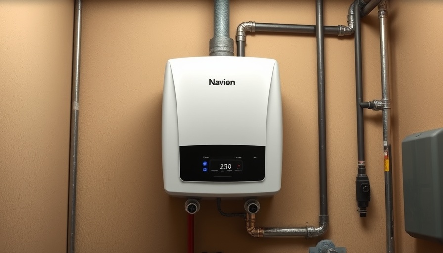 Navien water heater showing error code and connected piping.