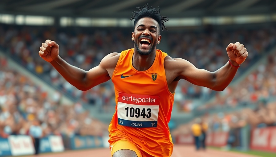 Jamaican sprinting talent celebrating victory in a track event.